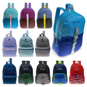 17" Bungee Wholesale Backpacks in 3 Assorted Colors and Styles - Bulk Case of 24